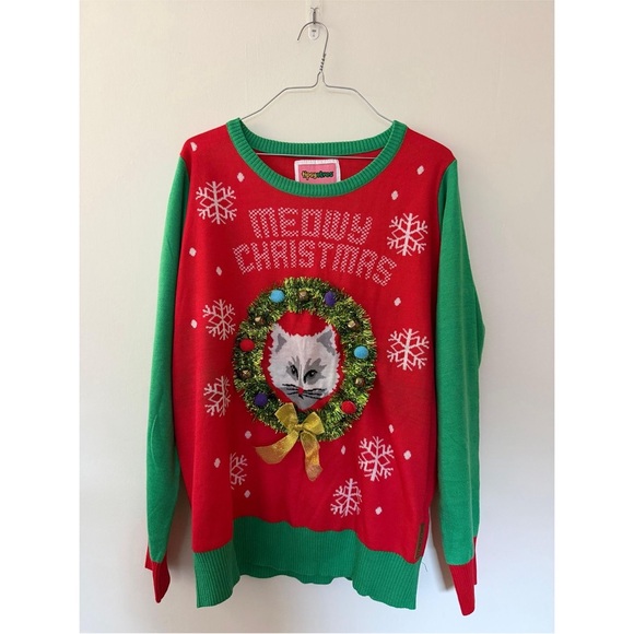 Tipsy Elves Meowy Christmas Adorable Kitten in a Wreath Holiday Pullover Sweater - Picture 2 of 14